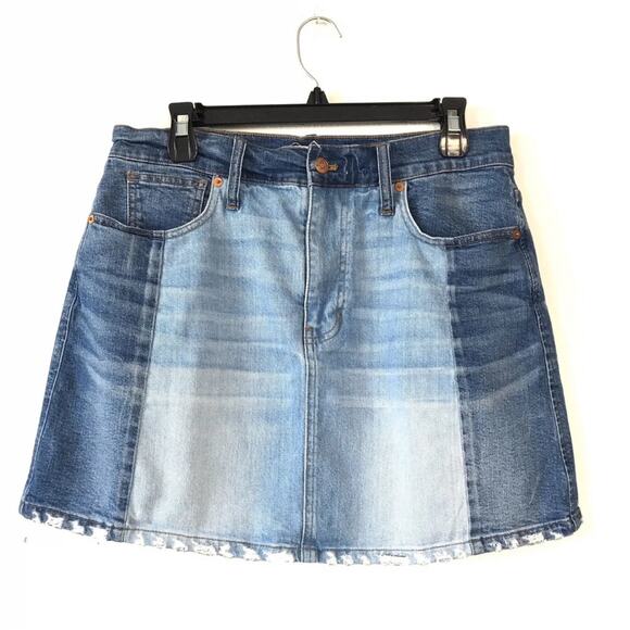 Madewell McCarren Pieced Two Tone Distressed Hem High Rise Denim Skirt - Picture 11 of 12